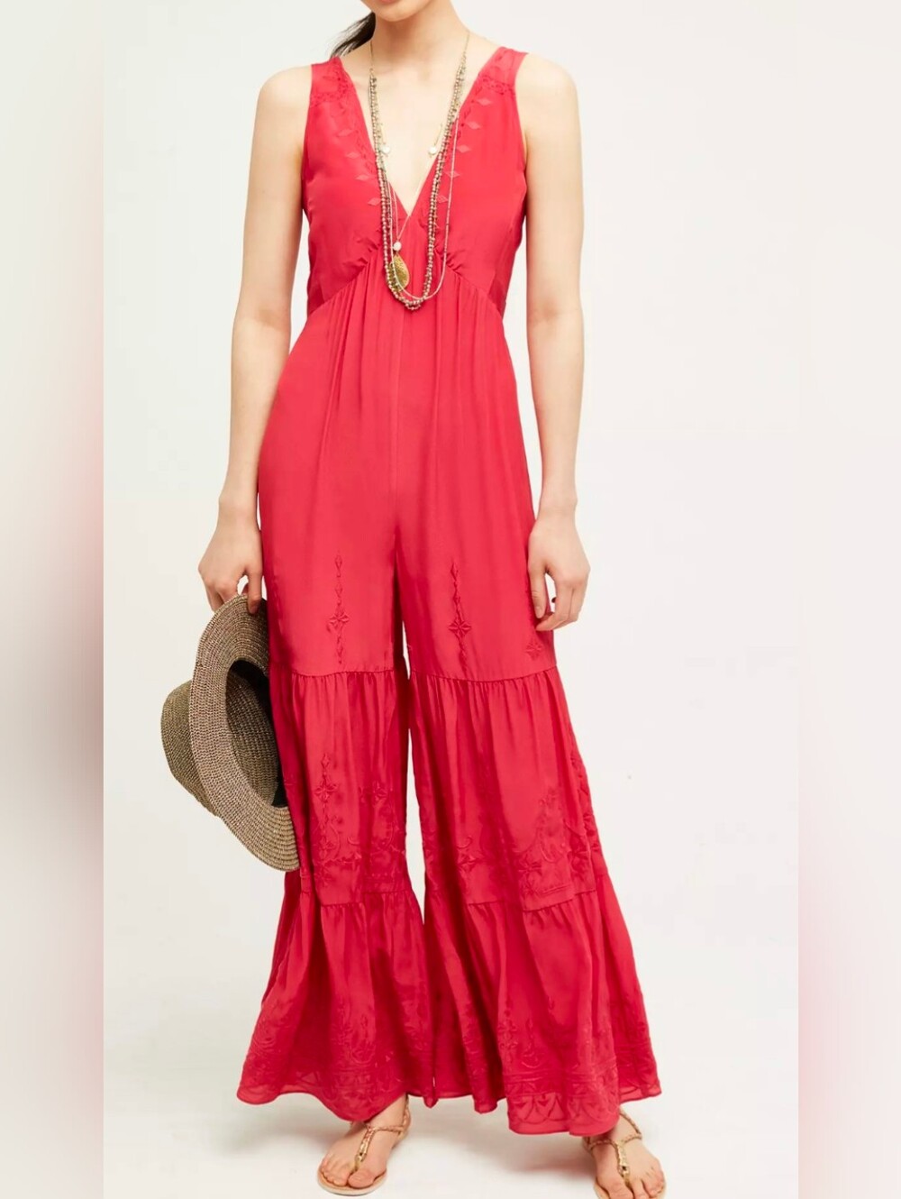 Elevenses/Anthropologie Raspberry-pink Embroidered Silk Jumpsuit, Size L
